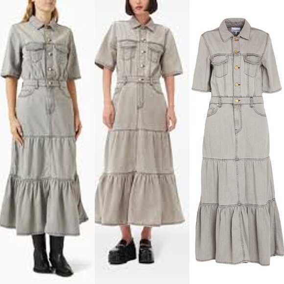 GANNI Tiered Denim Maxi Dress Gray Size 40 (EU 40 / US 8) NWT - Picture 12 of 12
